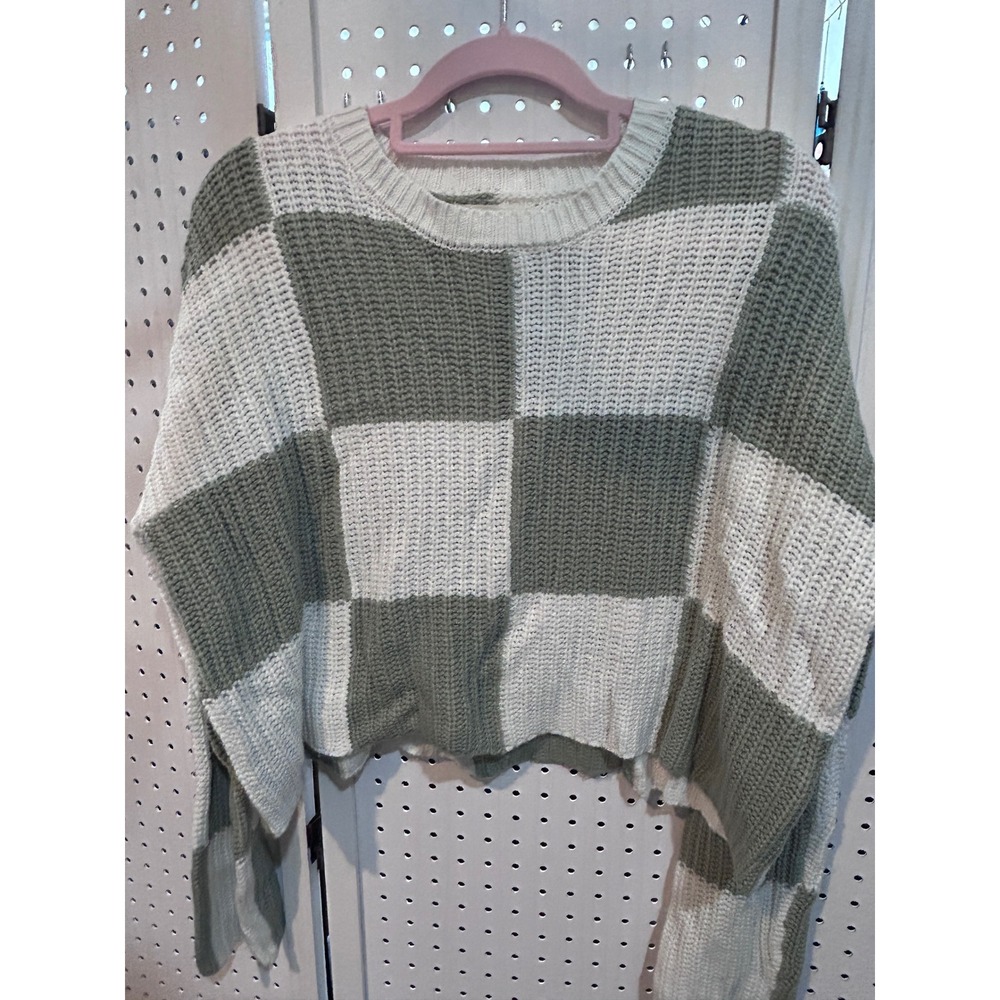 moon & madison Olive Green and Cream Check Chunky Crewneck Sweater